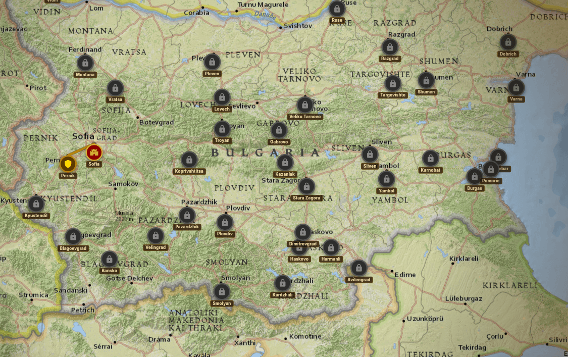 Real Merakuest app map showing Bulgarian city progression and locked locations